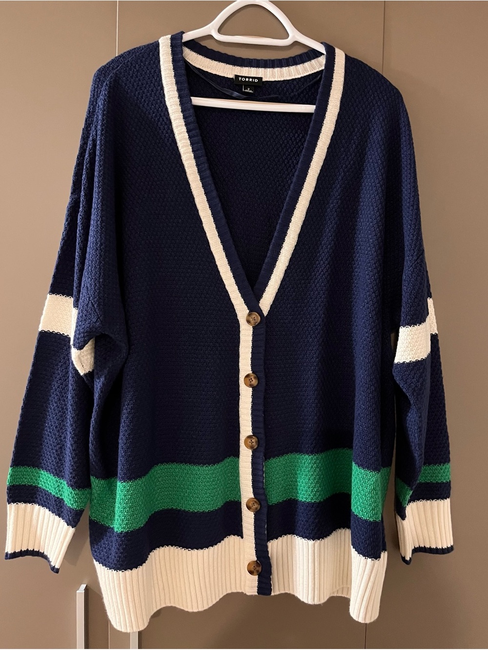 torrid Navy Cardigan with Cream Trim and Green Stripe